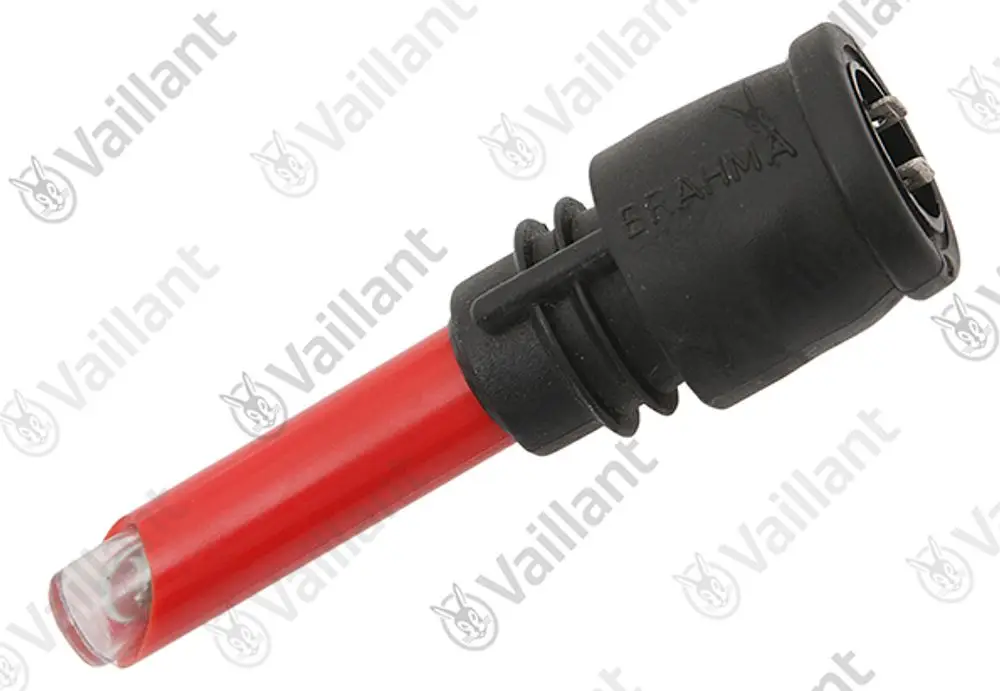 Vaillant Widerstand in Rot mit schwarzem Anschlussstück, geeignet für die Fotozelle VKO. Das Produkt weist eine klare, praktische Bauform auf.